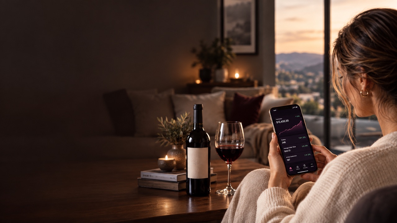 wine dropshipping Australia — relaxing at home browsing the WhiteLabel.Wine app with a glass of red